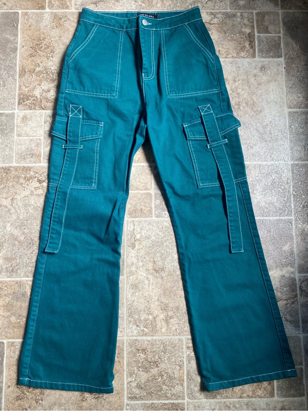 Luxe To Kill Womens 2 Green Cargo Pants Wide Leg 100% Cotton Y2K Utility Skater
